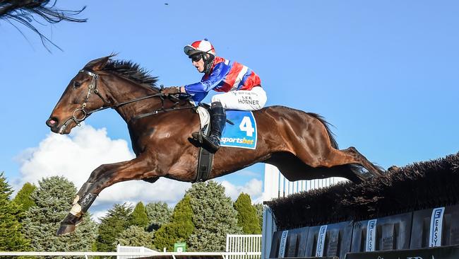 Inayforhay and Lee Horner in action during the Grand National Steeplechase at Ballarat. Picture: Brett Holburt–Racing Photos via Getty Images