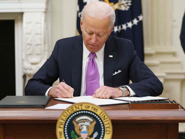 US President Joe Biden has described the country’s COVID-19 response as a “wartime undertaking”. Picture: AFP