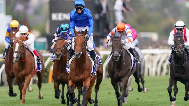 Bivouac, ridden by Glen Boss, takes out the Darley Sprint Classic at Flemington last year.