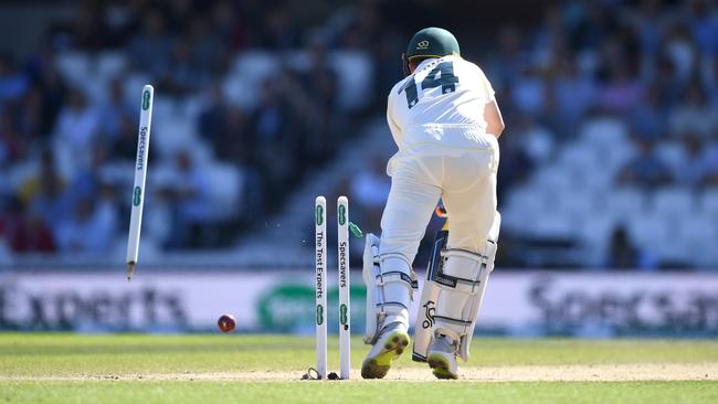 Marcus Harris’s off stump should not be in this position. Picture: Getty Images