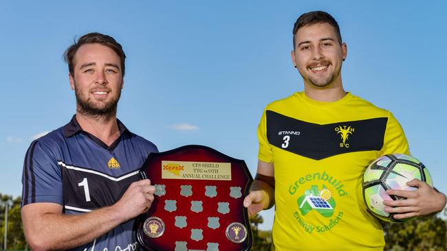 Tea Tree Gully’s Matthew Else (L) with One Tree Hill’s Nathan Maurer are ready for their clubs’ annual CFS fundraiser match. Picture: Brenton Edwards