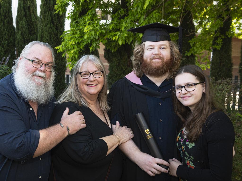 Bachelor of Education (Secondary) graduate Joe Popple with (from left) Steve Popple, Susan Popple and Charlotte Jackson at a UniSQ graduation ceremony at The Empire, Tuesday, October 29, 2024. Picture: Kevin Farmer