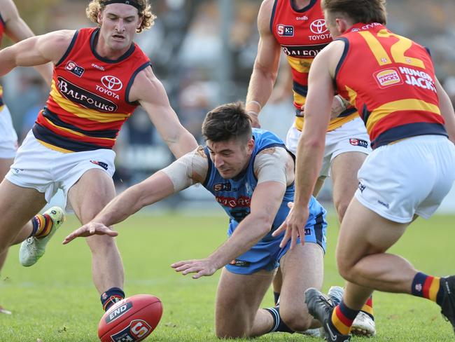 Patrick Wilson from Sturt and Jay Boyle from the Crows (R) during the Round 6 SANFL match between Sturt and Adelaide at Unley Oval in Adelaide, Saturday, May 13, 2023. (SANFL Image/David Mariuz)