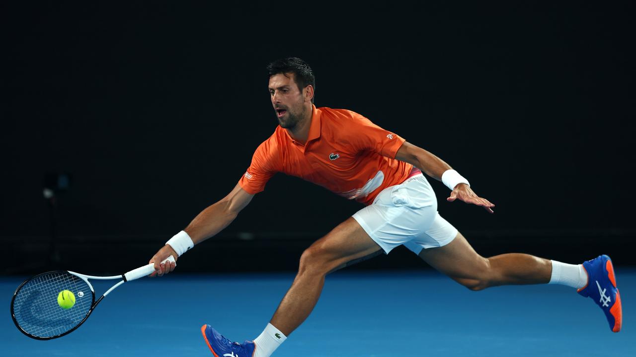 Novak Djokovic stretches out during his match with Kyrgios. Picture: Getty