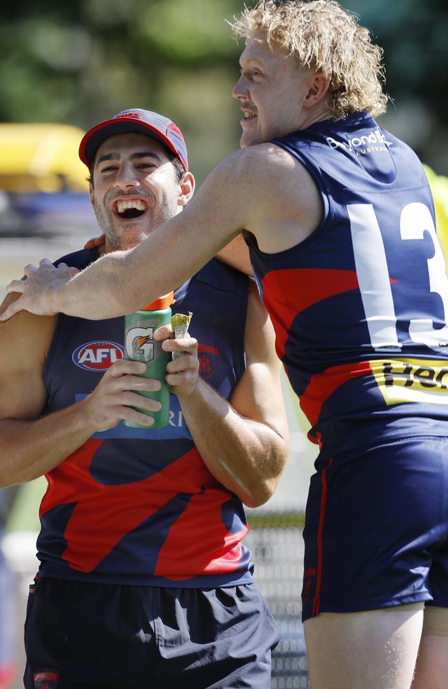 Christian Petracca and Clayton Oliver all smiles at Melbourne training this summer. Picture: Michael Klein