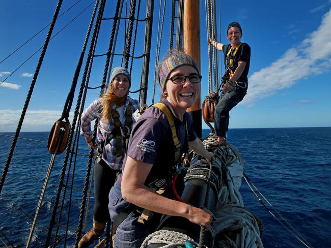 The next generation of sailors L-R: Upperyardsman Amelia Stone, 29, Topman Natalie Moore, 37, and Boatswains mate Eden Alley-Porter, 38, on the mainmast. Picture: Toby Zerna