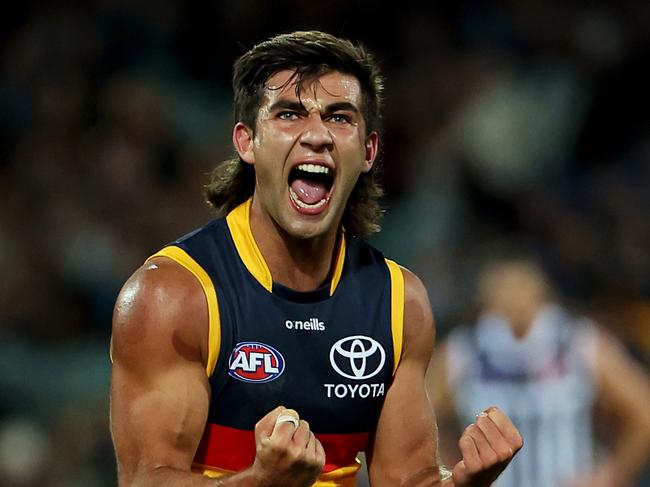 ADELAIDE, AUSTRALIA - APRIL 01: Josh Rachele of the Crows celebrates a goal during the 2023 AFL Round 03 match between the Port Adelaide Power and the Adelaide Crows at Adelaide Oval on April 1, 2023 in Adelaide, Australia. (Photo by James Elsby/AFL Photos via Getty Images)