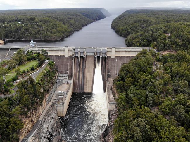 Warragamba Dam at 99.5 per cent capacity last month as the La Nina summer continues to bring heavy rain falls across the Sydney catchment area. Picture: Toby Zerna