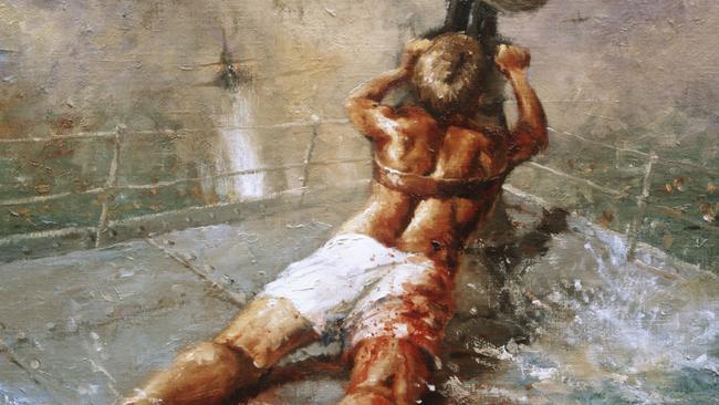 Dale Marsh's painting of Teddy Sheean, who strapped himself to his gun and fired until the HMAS Armadale sank, giving others time to get away. Picture: AUSTRALIAN WAR MEMORIAL