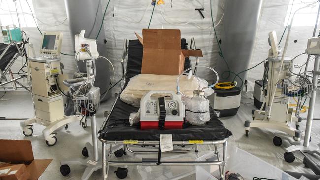 A ventilator and other hospital equipment is seen in an emergency field hospital to aid in the COVID-19 pandemic in New York’s Central Park on March 30.