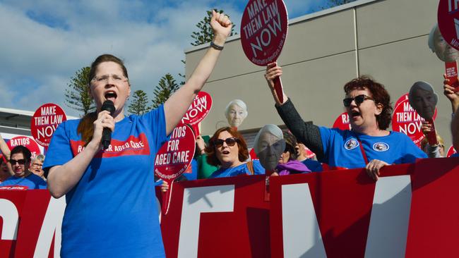 The nursing union chief executive Elizabeth Dabars with hundreds of nurses, aged-care workers and community members at a rally at Glenelg East last year. Picture: AAP / Brenton Edwards