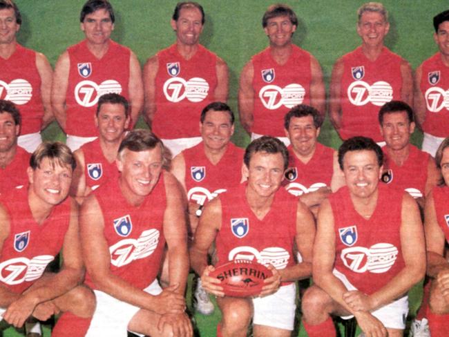 Bruce posing with Channel 7 footy colleagues in 1993.