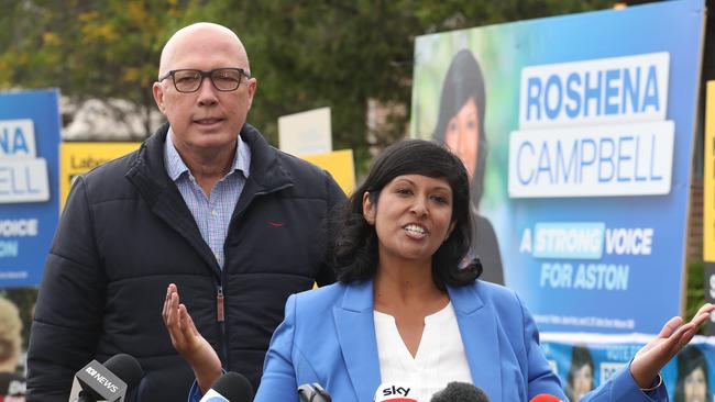 Liberal party candidate Roshena Campbell campaigning at Lysterfield Primary School with Liberal party leader Peter Dutton. Picture: David Crosling