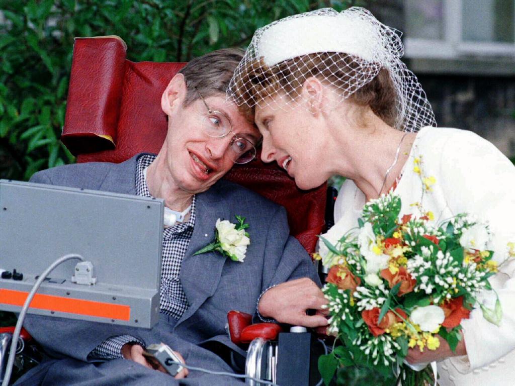 Professor Stephen Hawking with wife Elaine Mason after marriage ceremony at Cambridge Register Office 15 Sept 1995. Picture: Supplied