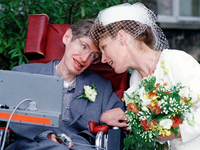 Professor Stephen Hawking with wife Elaine Mason after marriage ceremony at Cambridge Register Office 15 Sept 1995. Picture: Supplied
