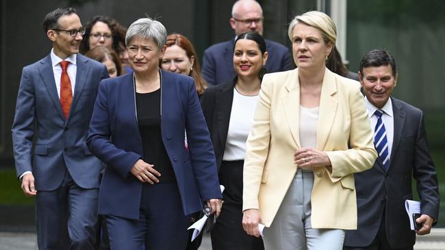 Australian Labour MPs and Senators led by Environment Minister Tanya Plibersek and Senator Penny Wong hold a press conference on the Murray Darling basin at Parliament House in Canberra. Picture: NCA NewsWire / Martin Ollman