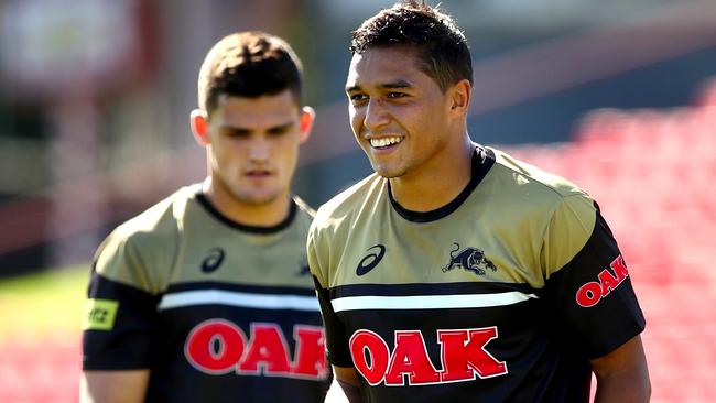 Te Maire Martin and Nathan Cleary during the Penrith Panthers training.