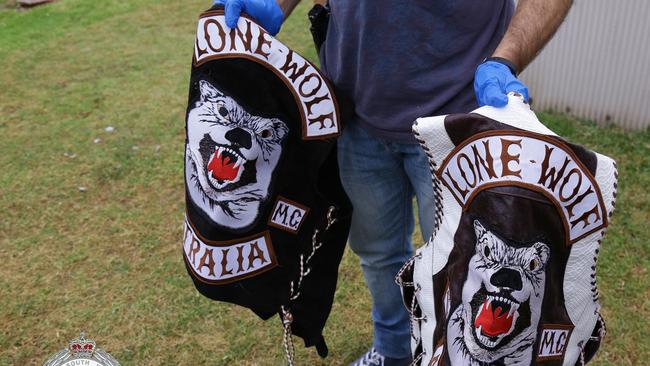 Outlaw motorcycle club colours confiscated as part of a raid at Port Kembla. Picture: NSW Police