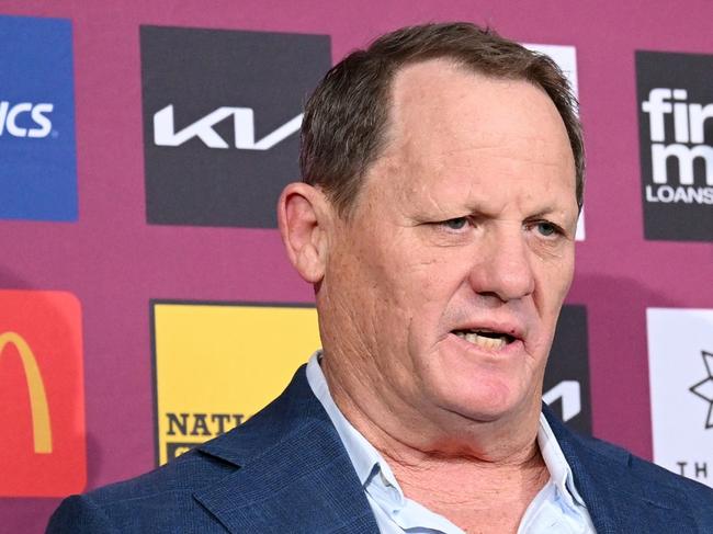 BRISBANE, AUSTRALIA - SEPTEMBER 27: Sacked coach Kevin Walters and CEO Dave Donaghy speak to the media during a Brisbane Broncos NRL press conference at Clive Berghofer Field on September 27, 2024 in Brisbane, Australia. (Photo by Bradley Kanaris/Getty Images)