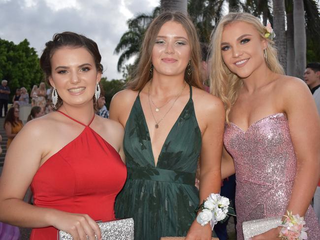 Mia Hall, Rune Ackermann and India Macphee at the Mackay North State High School Year 12 formal at the Mackay Entertainment and Convention Centre, Saturday November 21, 2020. Picture: Heidi Petith