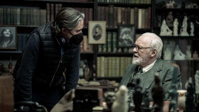 Director Matt Brown with actor Anthony Hopkins on the set of Freud's Last Session. Picture: Supplied