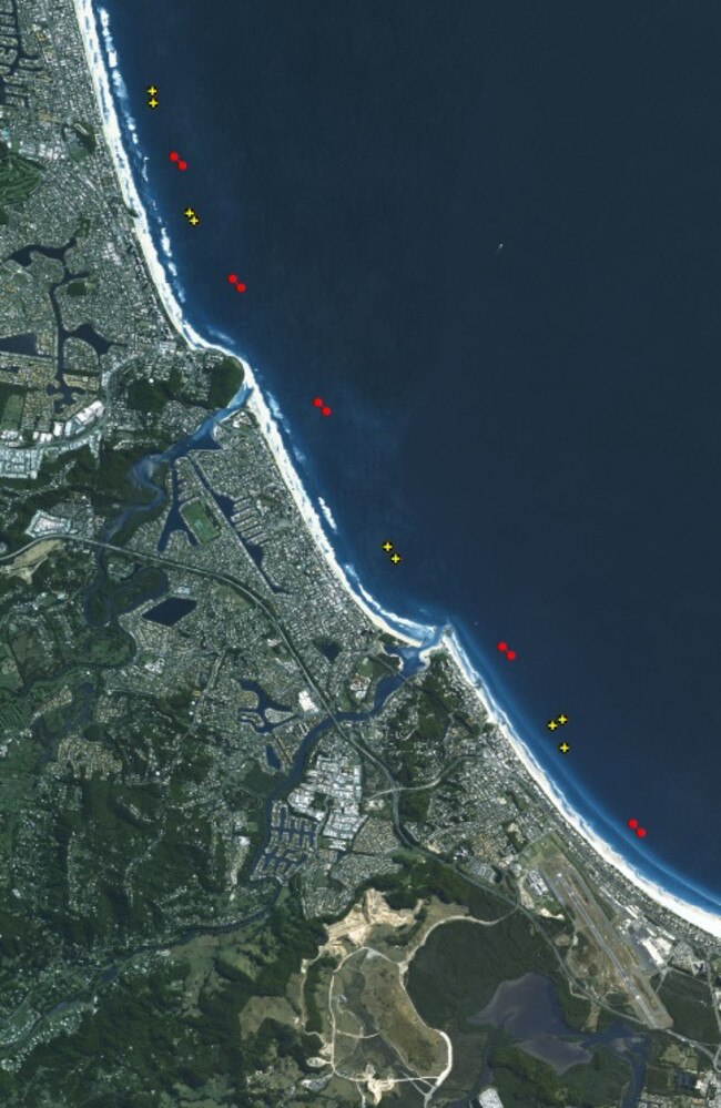 Shark nets (red) and drum lines (yellow) on the southern Gold Coast. Picture: QLD Government