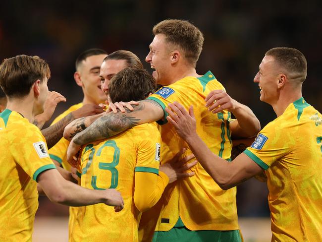 MELBOURNE, AUSTRALIA - NOVEMBER 16: Harry Souttar of the Socceroos celebrates scoring a goal during the 2026 FIFA World Cup Qualifier match between Australia Socceroos and Bangladesh at AAMI Park on November 16, 2023 in Melbourne, Australia. (Photo by Kelly Defina/Getty Images)