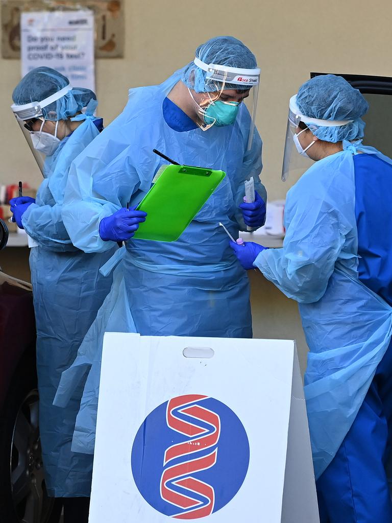 Health workers conduct Covid-19 testing at the Mosman Douglas-Hanly Moir Pathology Drive-Through clinic in Sydney. Picture: NCA NewsWire/Bianca De Marchi