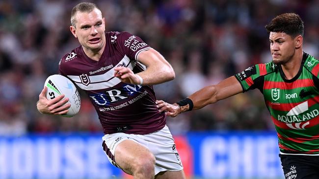 BRISBANE, AUSTRALIA - SEPTEMBER 24:  Tom Trbojevic of the Sea Eagles makes a break during the NRL Preliminary Final match between the South Sydney Rabbitohs and the Manly Sea Eagles at Suncorp Stadium on September 24, 2021 in Brisbane, Australia. (Photo by Bradley Kanaris/Getty Images)