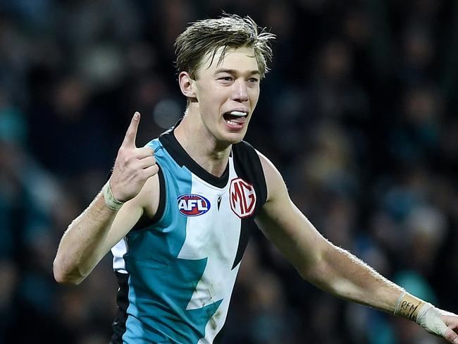 ADELAIDE, AUSTRALIA - AUGUST 13: Todd Marshall of Port Adelaide celebrates a goal during the round 22 AFL match between Port Adelaide Power and Greater Western Sydney Giants at Adelaide Oval, on August 13, 2023, in Adelaide, Australia. (Photo by Mark Brake/Getty Images)