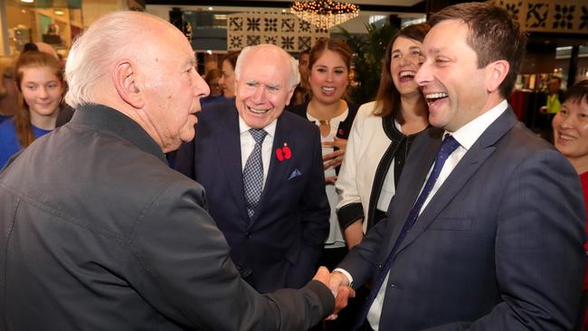 Matthew Guy on the campaign trail with former Prime Minister John Howard. Picture: Stuart McEvoy