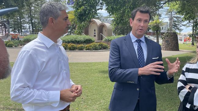 Burleigh Heads MP Hermann Vorster and Police Minister Dan Purdie at Burleigh Heads when they made the election commitment to establish a police beat.