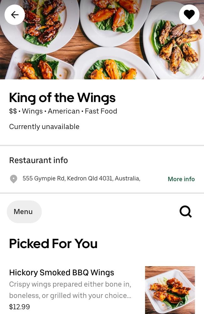 The Uber Eats listing for the ‘fake’ King of Wings which has now been taken down.