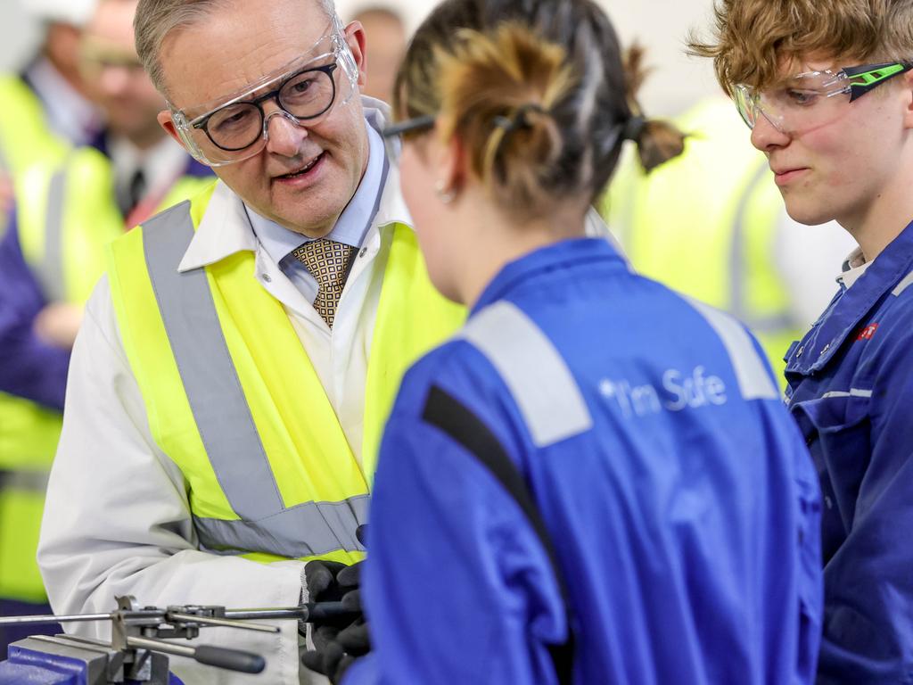 Anthony Albanese touring the BAE workshop in Barrow-in-Furness in the North of England. Picture: Andrew Parsons / The Australian Pool Image