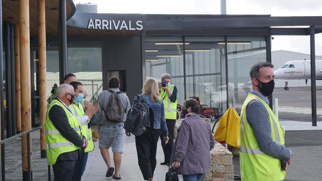 Passengers were welcomed to Mount Gambier Regional Airport after arriving on the first QantasLink flight from Melbourne. Picture: Jessica Ball