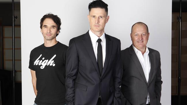 Todd Sampson, left, Wil Anderson and Russel Howcroft in <i>Gruen S7</i>.