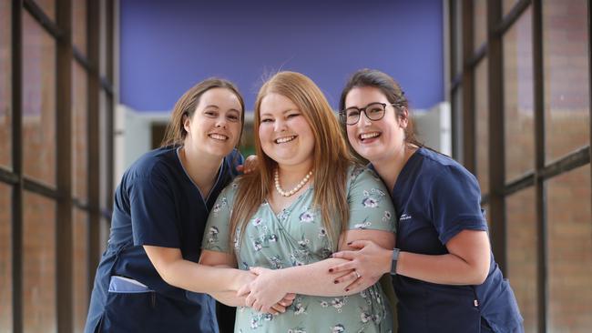 Elle Richards at Royal Melbourne Hospital with nurses Olivia Sampson and Melissa Picture: Alex Coppel