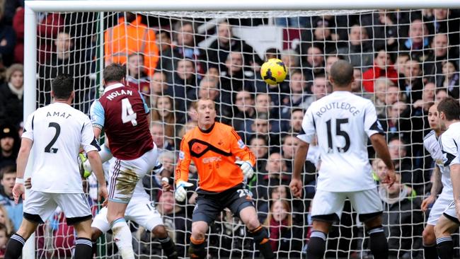 Kevin Nolan rises unmarked for West Ham's second goal.