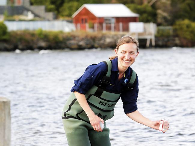 Derwent Estuary Program catchment scientist, Bernadette Proemse is pictured at Sandy Bay's dog beach testing the water ahead of summer. Picture: MATT THOMPSON