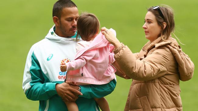 Khawaja with wife Rachel and daughter Aisha during a nets session at MCG. Picture: Getty Images