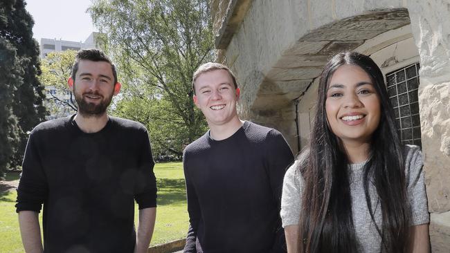 L-R Matt Etherington Hobart City Council, Toby Thorpe Huon Valley Council, Bhavika Sharma Glenorchy City Council. Young candidates in the Tasmanian local government elections. Picture: Craig Warhurst