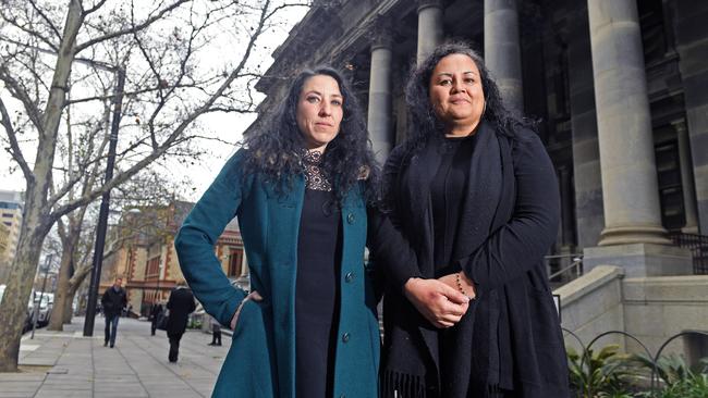 Former sex workers from New Zealand Sabrina Valisce and Ally Marie Diamond with Clare Scriven Labor MLC outside parliament house. Picture: Tom Huntley