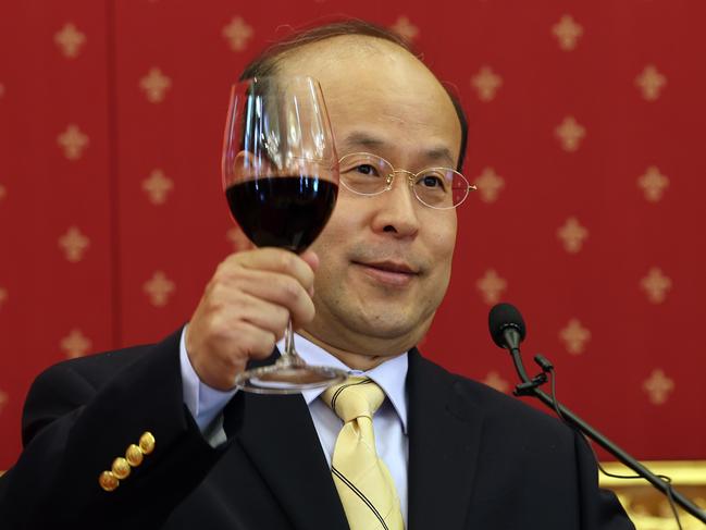CANBERRA, AUSTRALIA - NewsWire Photos JANUARY 10, 2023: Press conference with Ambassador Xiao Qian with a glass of red wine making a toast, at the Chinese Embassy in Canberra.Picture: NCA NewsWire / Gary Ramage