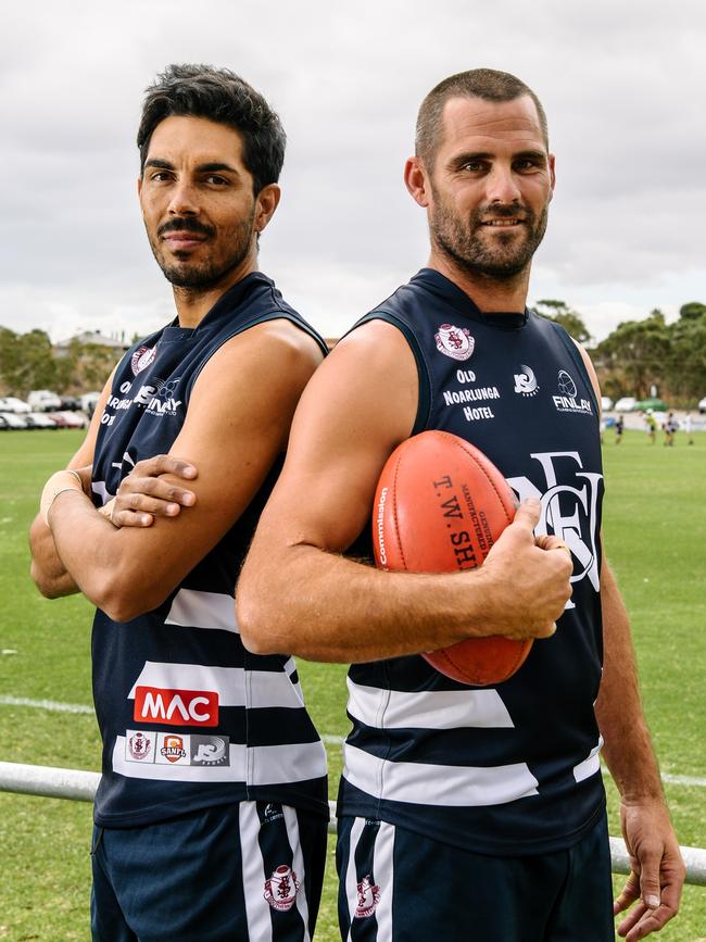 Ex-Glenelg player Terry Milera and former South Adelaide captain Josh Thewlis joined Noarlunga this season and are two of the Shoes’ stars. Picture: AAP/Morgan Sette