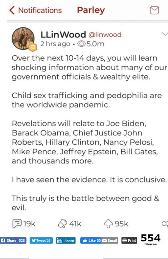 Hardcore QAnon cultist @Linwood posts on the right wing platform Parler about the paedophile conspiracy. Picture: Twitter