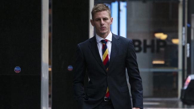 Adelaide Crows defender David Mackay arriving at his tribunal hearing. He escaped suspension after lengthy deliberation by the jury. Picture: NCA NewsWire/Emma Brasier