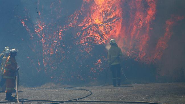 An out of control bushfire jumped Wine Country Drive and smashed head on into the village of North Rothbury, north of Cessnock. Picture: Peter Lorimer.