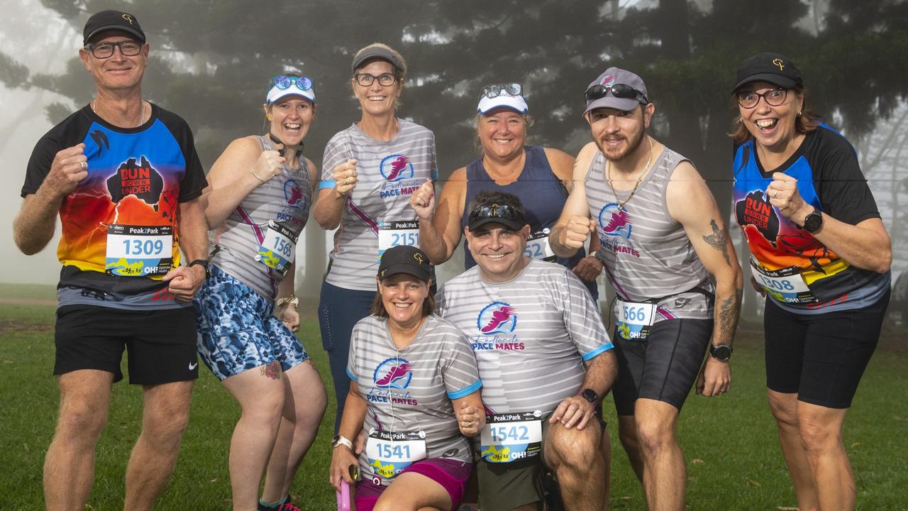 Redlands Race Mates (from left) Iain Greenstreet, Tania Greenstreet, Jo Thomson, Merilyn McCann, Bradley McCann, Linda Sorensen, Matt Greenstreet and Kathy Greenstreet at Peak2Park 2022, Sunday, April 3, 2022. Picture: Kevin Farmer