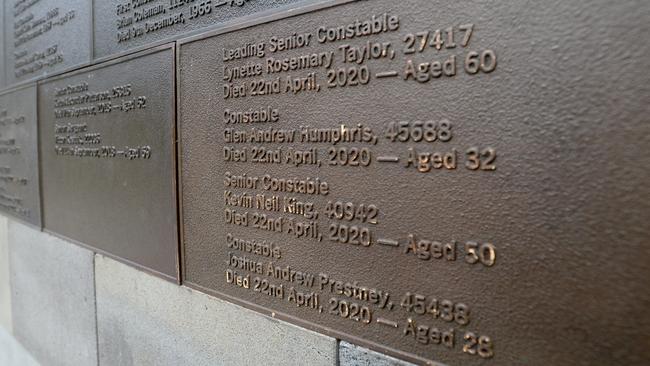 The plaque at the Victoria Police Memorial on St Kilda Road on the tragedy’s anniversary. Picture: NCA NewsWire/Andrew Henshaw