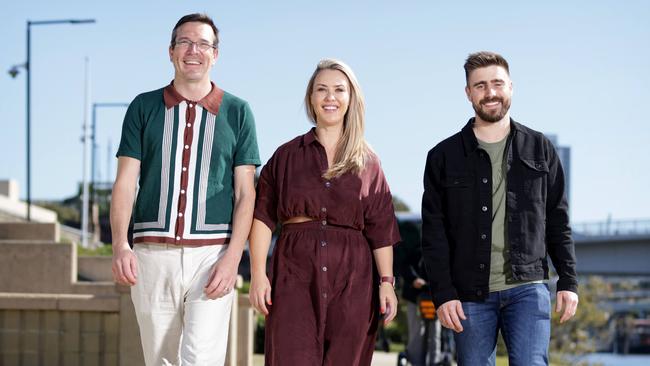 Stav Davidson, Abby Jane Coleman and Matty Acton are the team behind B105’s top-rating breakfast radio show. Picture: Steve Pohlner